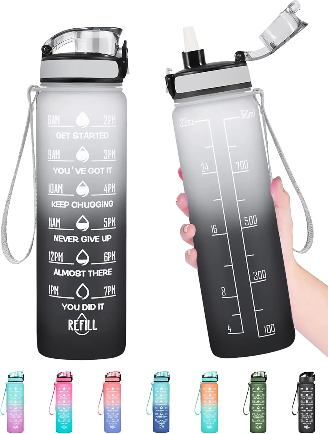 

32oz Motivational Water Bottle with Time Marker, Leakproof BPA-Free, 2 Ways to Drink, Straw & Strap for Gym Outdoor Sports