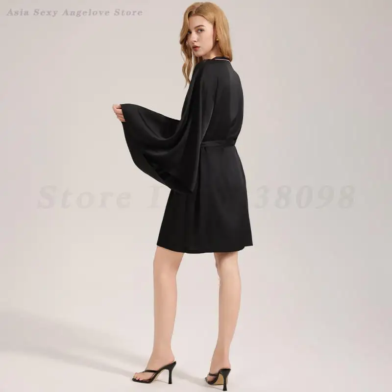 Three Pieces Pajamas Set Black Robe Sleepwear Women Satin Bathrobe with Suspender Sling&Shorts Summer Home Clothes Loungewear