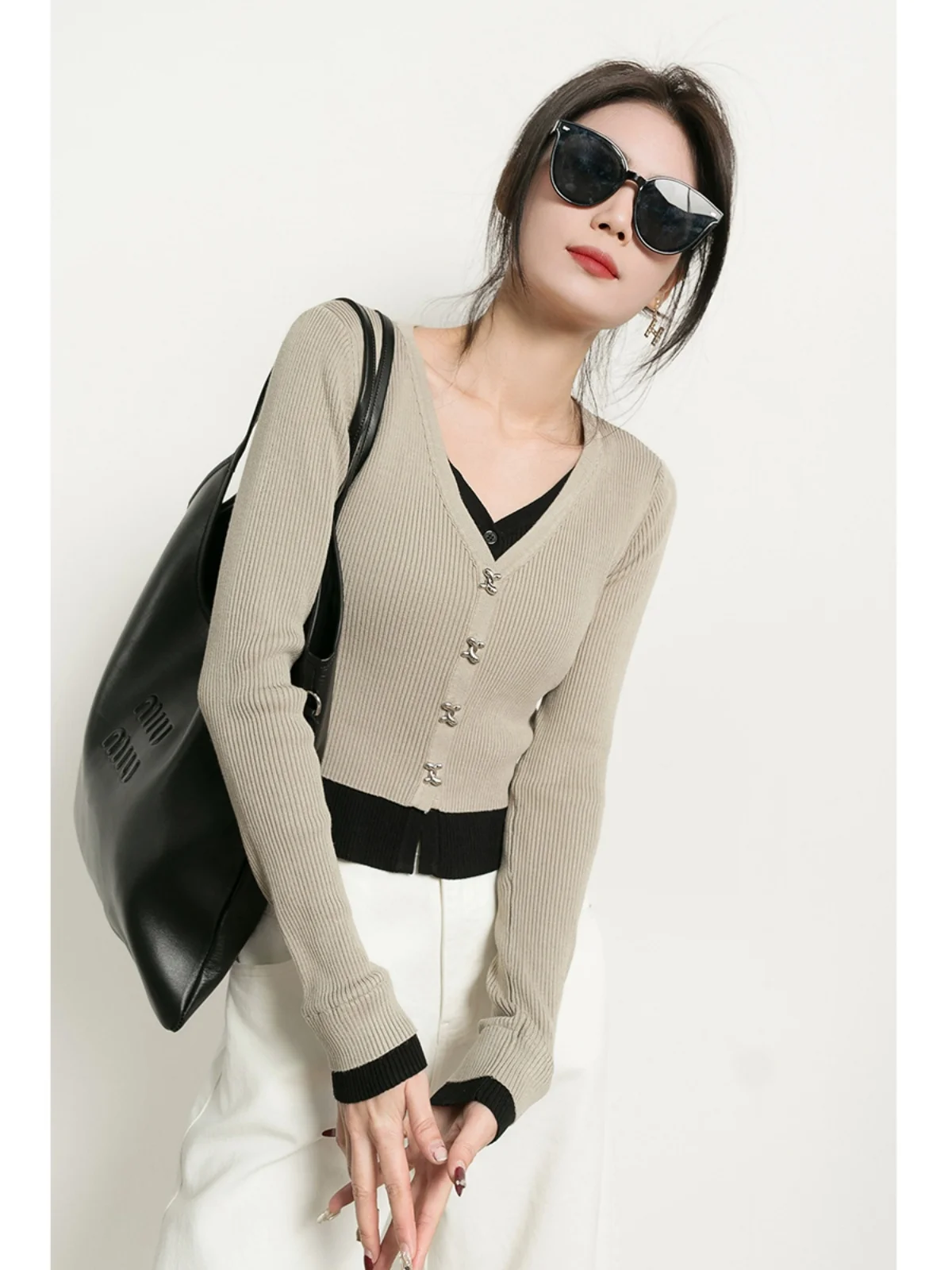 

Tide PA Short Knitted V-Neck Grey Open Cardigan Women's Spring Autumn Slim Fit Street Style Long Sleeve Fake Two-Piece Top