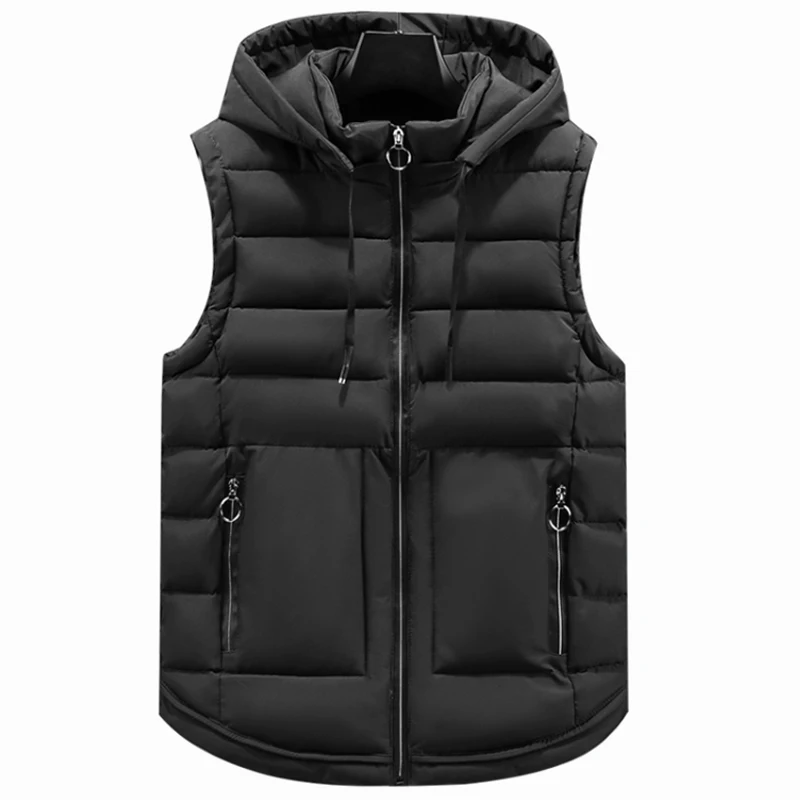 

Nice Brand Autumn Winter Sleeveless Jacket Men's Black Vest Hooded Classic Warm Thick Zipper Solid Cotton Padded Waistcoat