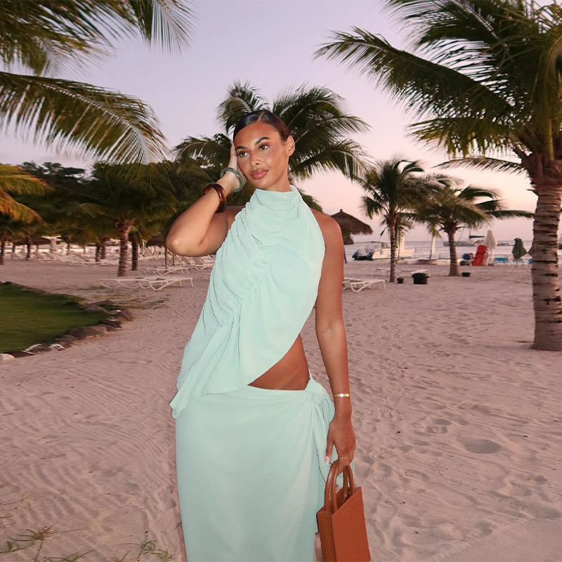 

Lace-Up Hanging Neck Halter Pleated Irregular Hem Top Straight Bustle Skirt Set 2025 Women's Two Pieces Set Vocation Beachwear