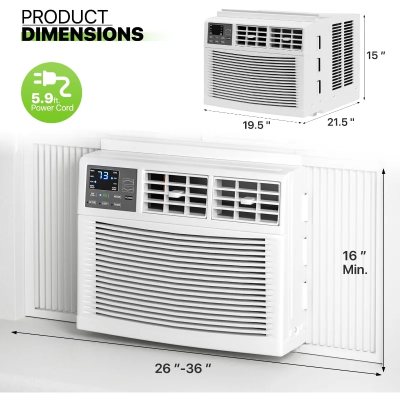 مكيف هواء نافذة Magshion 12000 BTU، جهاز تحكم عن بعد ومؤقت، يبرد غرف كبيرة تصل إلى 450 مربع. قدم، عملية هادئة