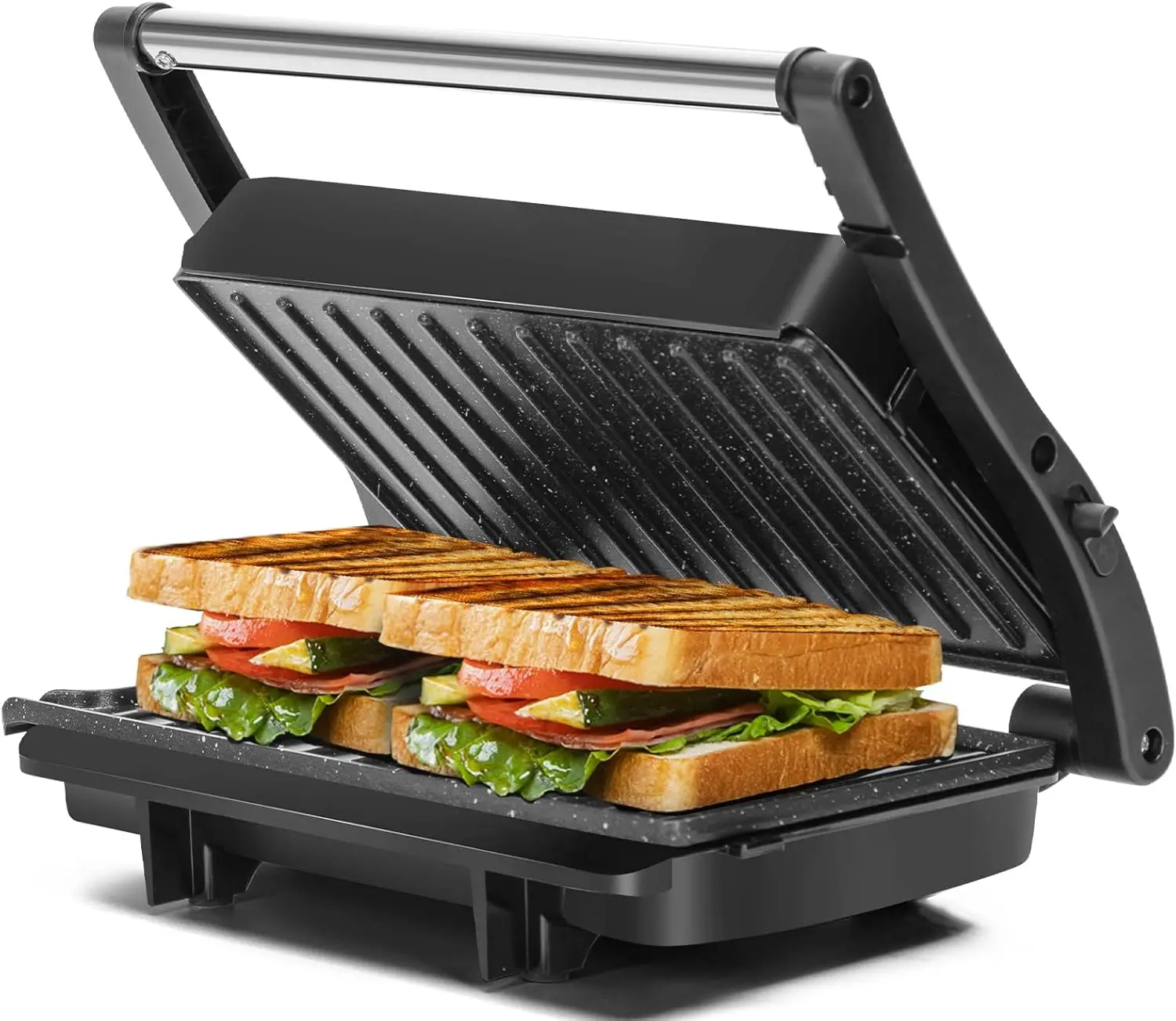 

1000W Panini Press Grill with Ceramic Non-stick Plates, 180° Open, 3-in-1 Sandwich Maker, Drip Spout & Locking Lid