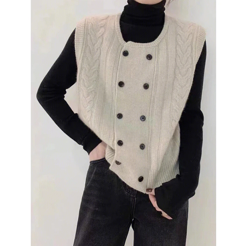 Women Vintage Simple Casual Streetwear Sleeveless Double Breasted Knitted Sweater Vest Y2K Trendy Twist Loose Outewear Waistcoat