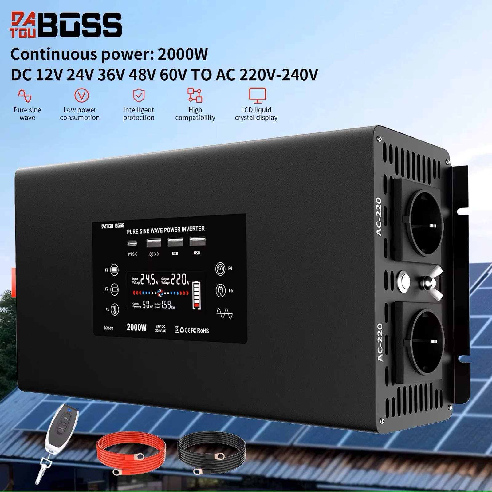 

DATOUBOSS Pure Sine Wave Inverter Peak Power 4000W DC 12V 24V 36V 48V 60V to AC 220V 230V Inverter Continuous Power 2000W