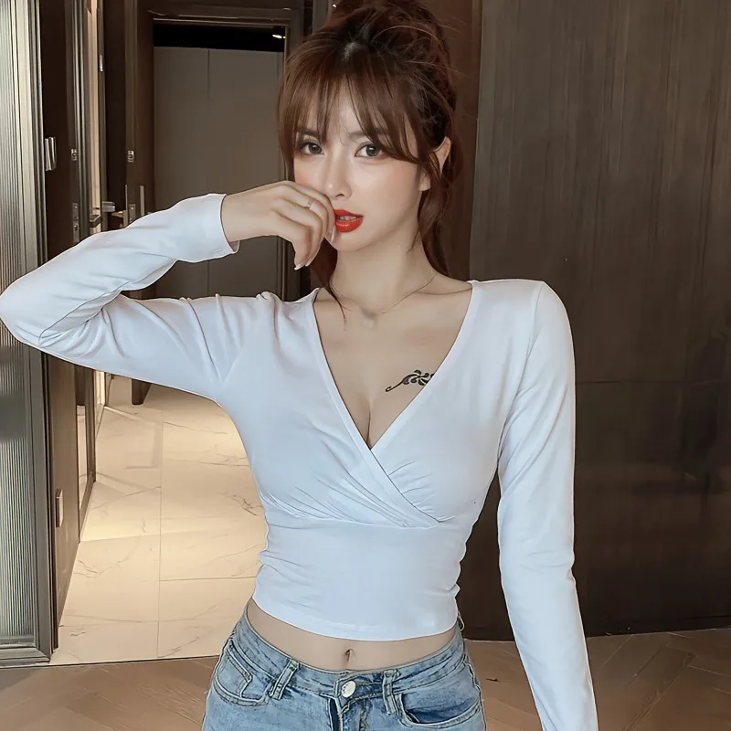 Women Spring Autumn Korean Version Casual Solid Color Asymmetrical Crossover Design Exposed Navel Style V-Neck Long-Sleeved Top