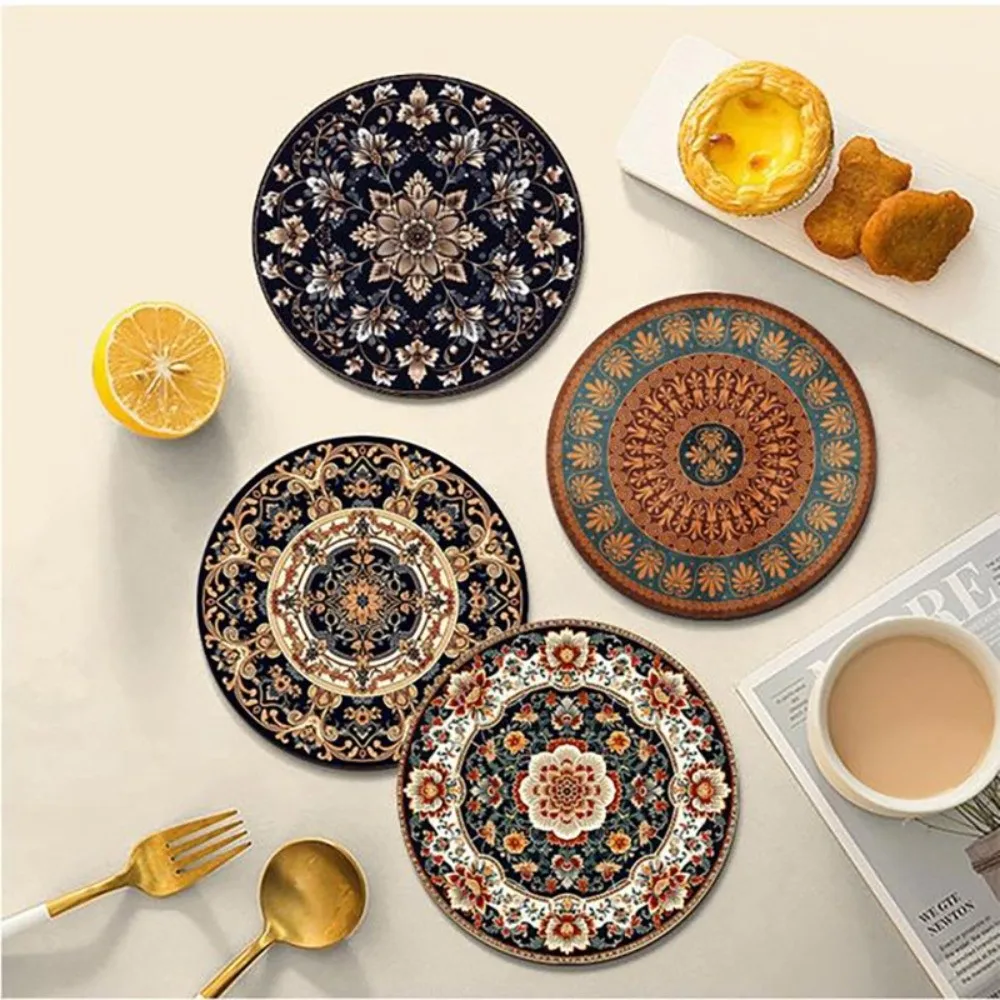 4Pcs Persian Carpet Pattern Boho Style Pot Holders 12/22cm Round Coffee Cup Mats Non-Slip Protective Heat Resistant Mats Kitchen