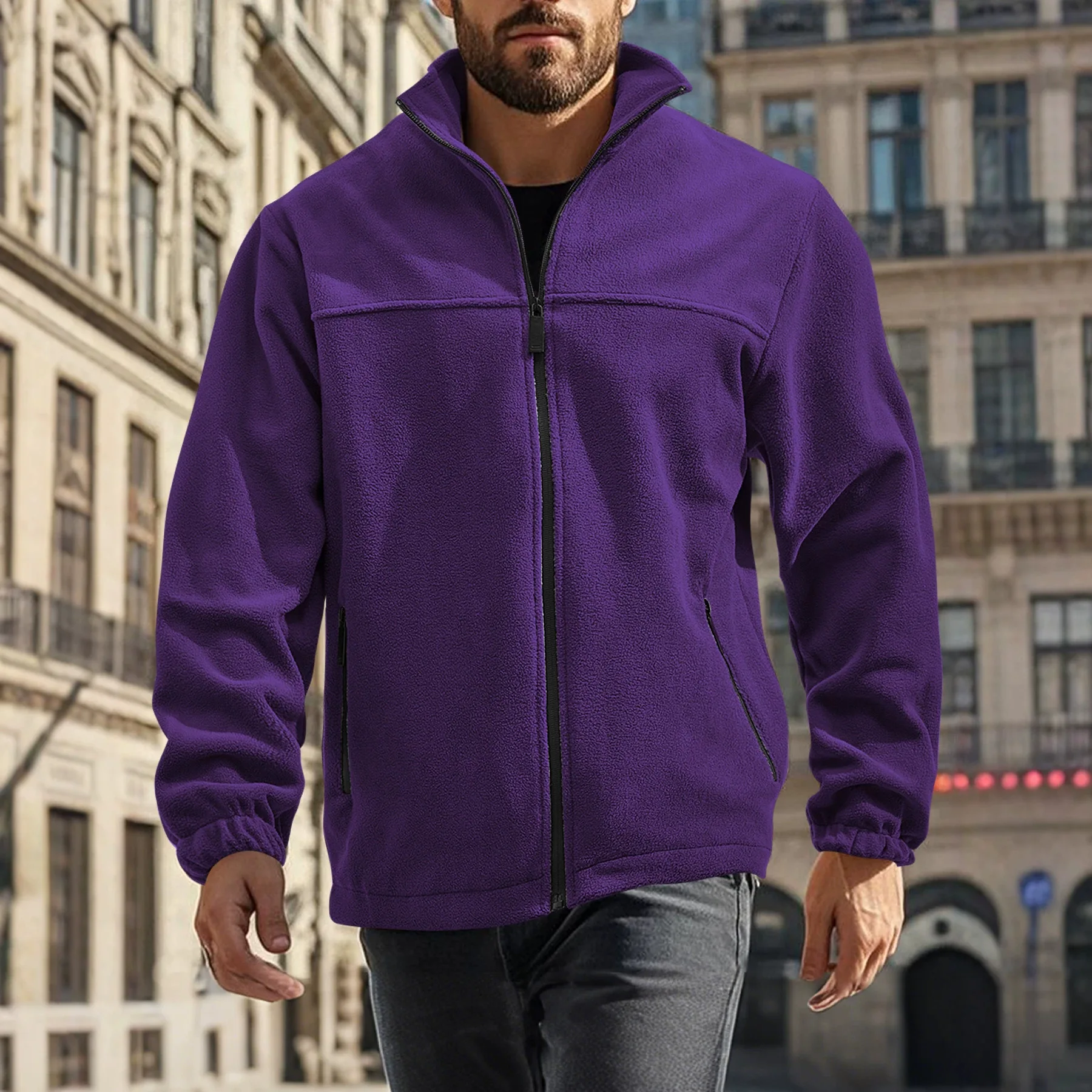 Spring Autumn Fleece Stand Collar Zip-Up Jacket Men's Outdoor Casual Top