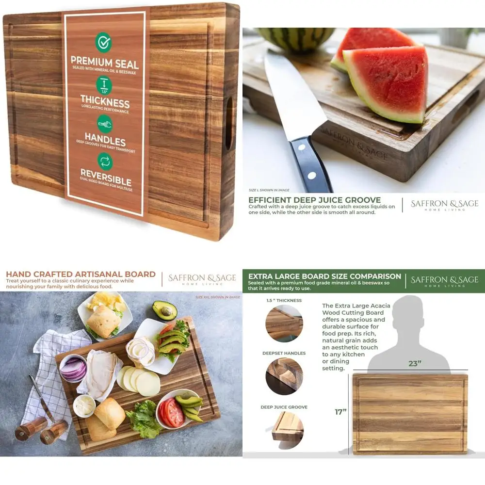 Tábua de corte extra grande e grossa de madeira de acácia - 23x17x1,5 polegadas, profunda para uso na cozinha, superfície de corte de madeira durável