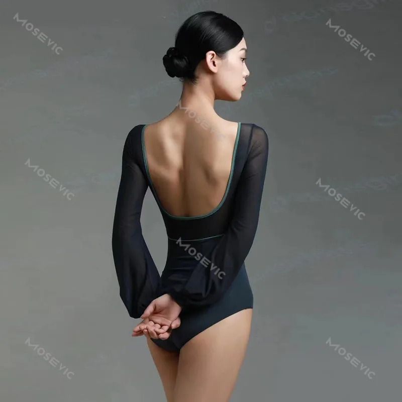 New Ballet Dresses Adult Lantern Long Sleeve Leotard V neck Bodysuit women Dance wear Sexy Gymnastics for girl