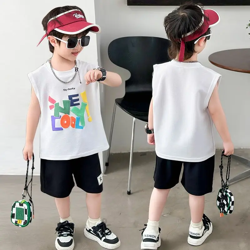 Boys' Summer Set 2024 New Children's Sleeveless Tops Shorts Two-piece Suits Fashion Colorful Letter Tank Top Baby Casual Suits