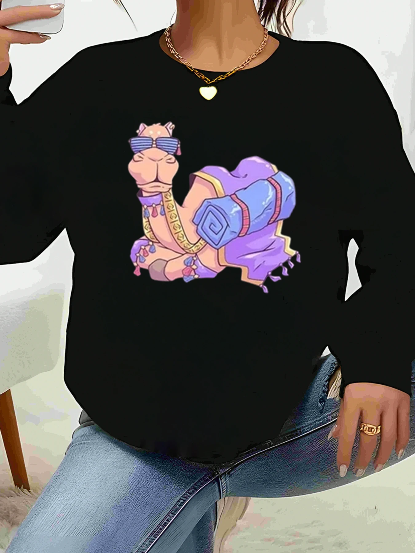 

Camel with Sunglasses Print Long Sleeve Top Halloween Casual Wear Women