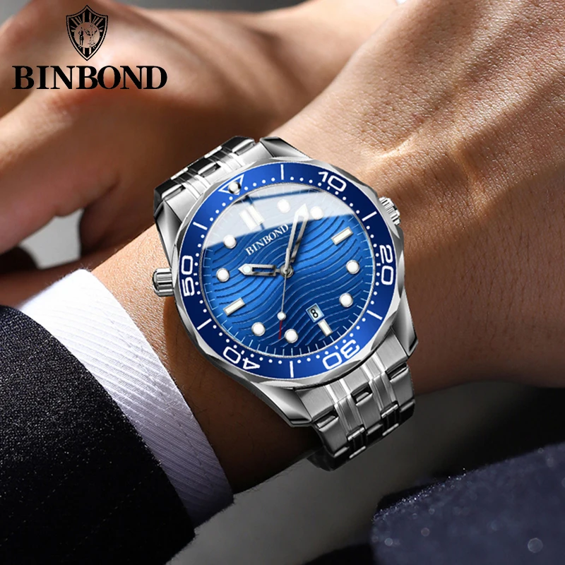 BINBOND B2820 New Fashion Ultra-thin Sea Horse Series Quartz Mens Watches 30M Waterproof Luminous Sports Casual Men Watches