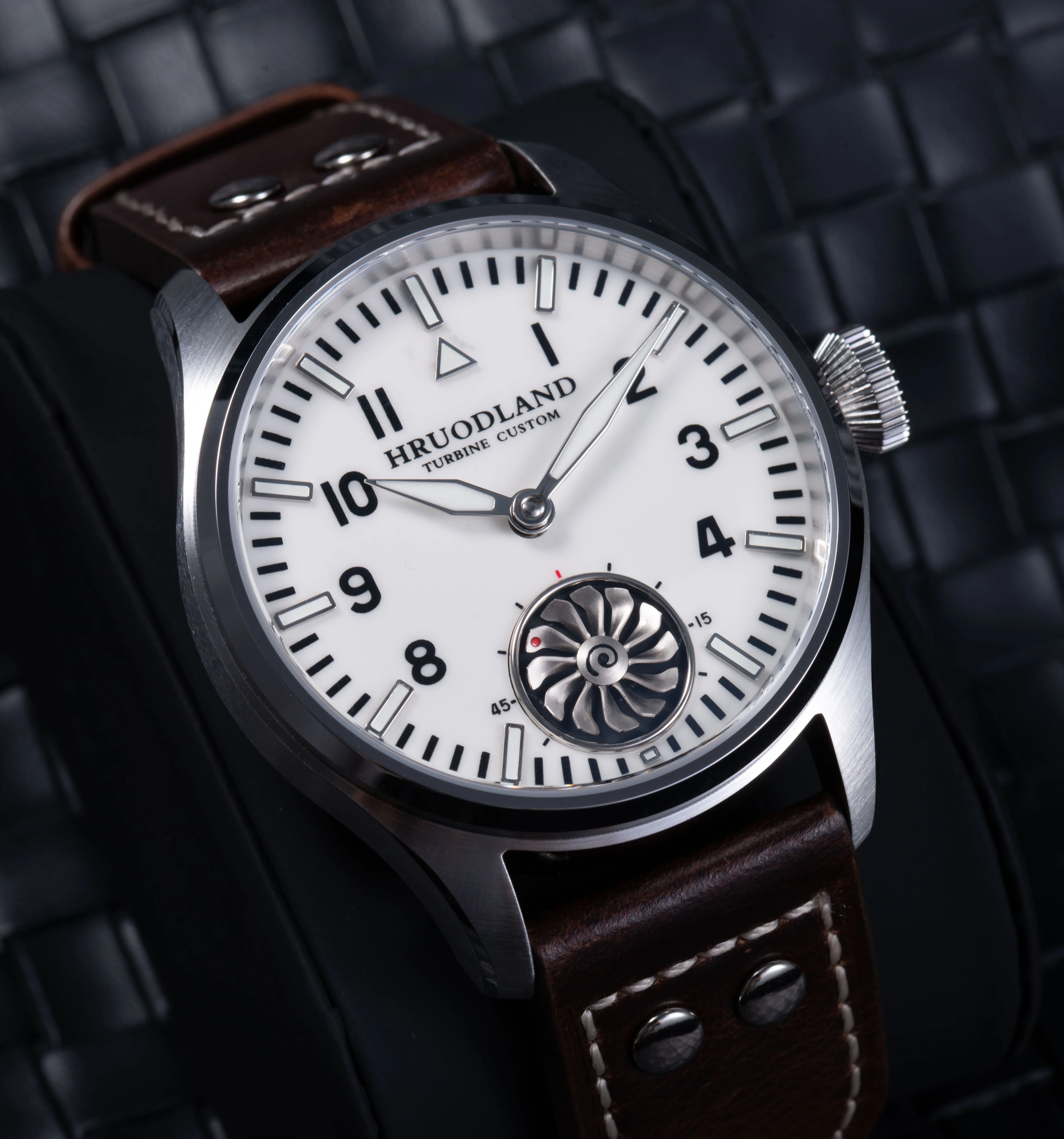 2026 HRUODLAND Men's Pilot Watch 43mm Sapphire Glass 10ATM Waterproof Seagull ST3620 Mechanical Watch Turbine Dial Leather F016