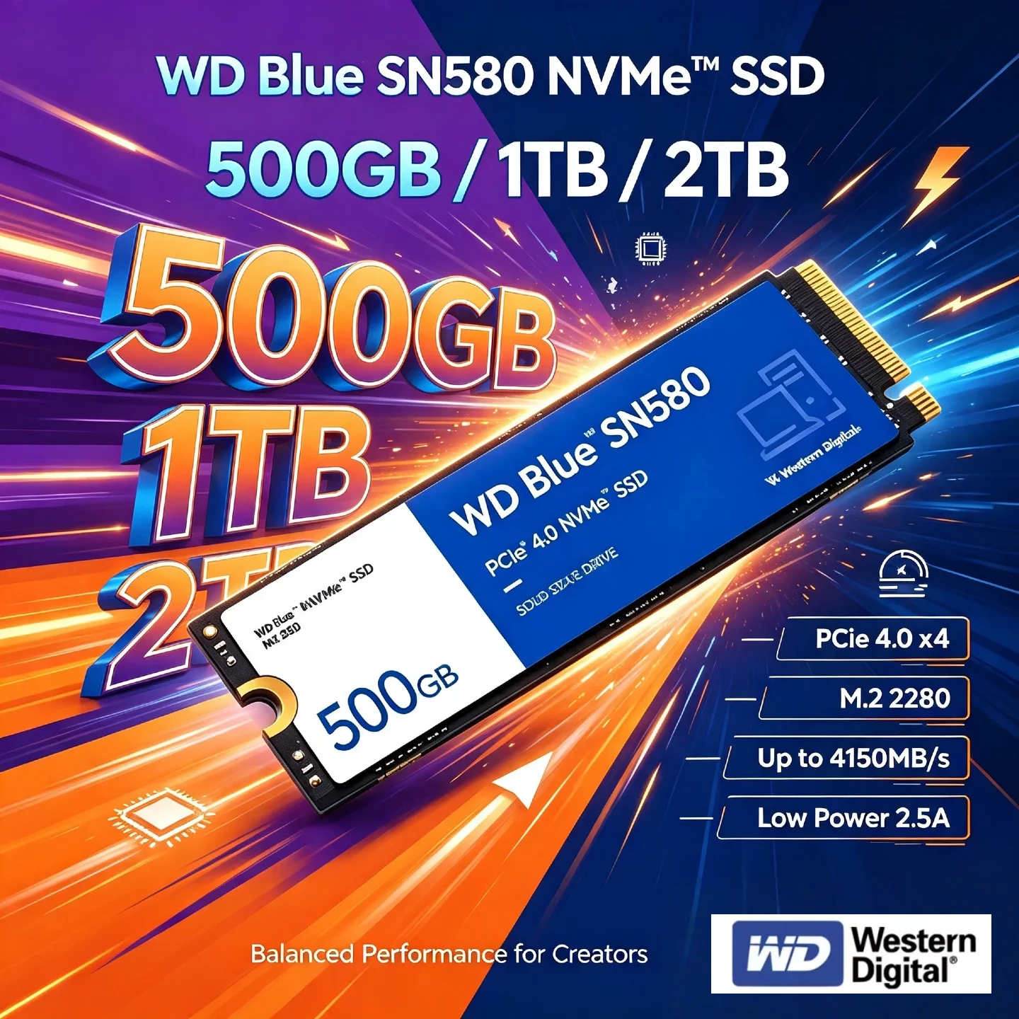 SSD NVMe WD Blue SN580 PCIe 4.0x4 M.2 2280, Unidade Interna de Estado Sólido 2TB 1TB 500GB para Laptops e PCs