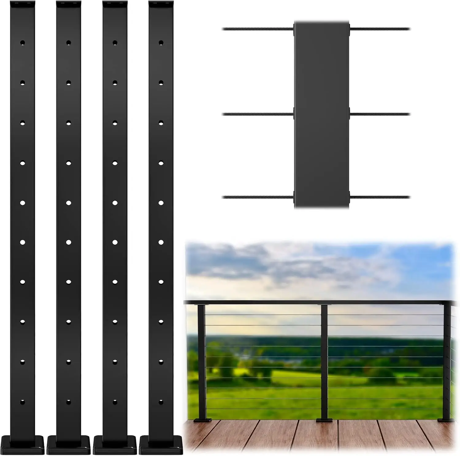 15-20ft Complete Set 36" Cable Railing Post Kit Include 4Pack Black Posts PS02, 250ft Wire Rope, Swageless