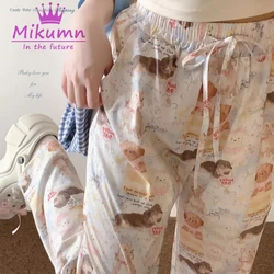 Mikumn Harajuku Girls Cute Cotton Cartoon Dog Print Pants Women Lace-up Elastic High Waist Loose Casual Wide Leg Trousers