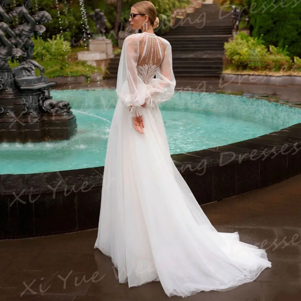 Bellissimi abiti da sposa eleganti da donna A Line graziosi Appliques di pizzo abiti da sposa semplici bottoni collo alto Vestido De Noivas