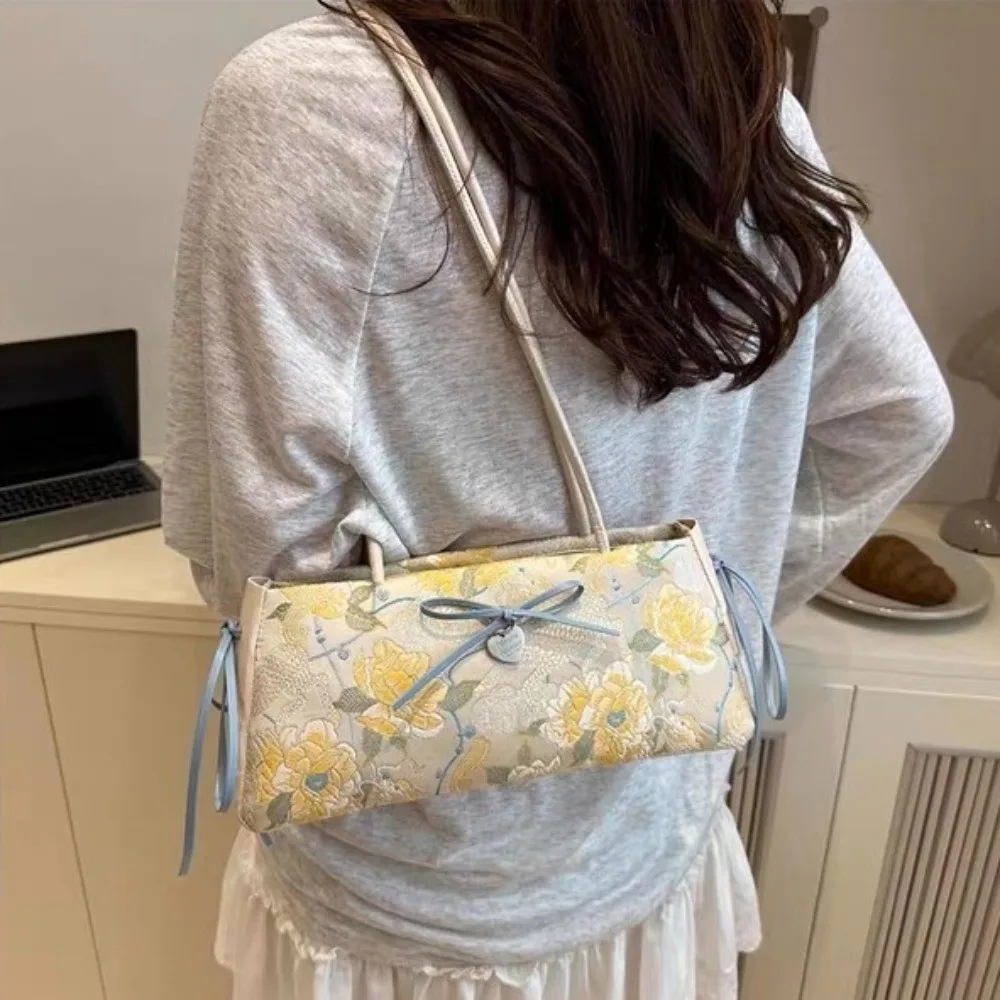 

Сумка с милым цветком, французская палочка, тканевая сумка в китайском стиле с бантом, сумка на плечо с лентой и текстурой, женские сумки подмышки