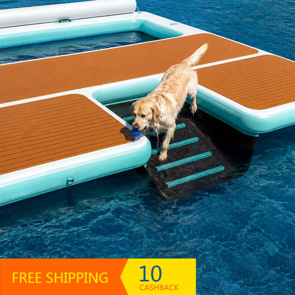 Large 8FT All‑in‑One Inflatable Floating Dock Platform Water Lounger Dog Ramp Hammock 1000LBS Capacity For Boat Lake