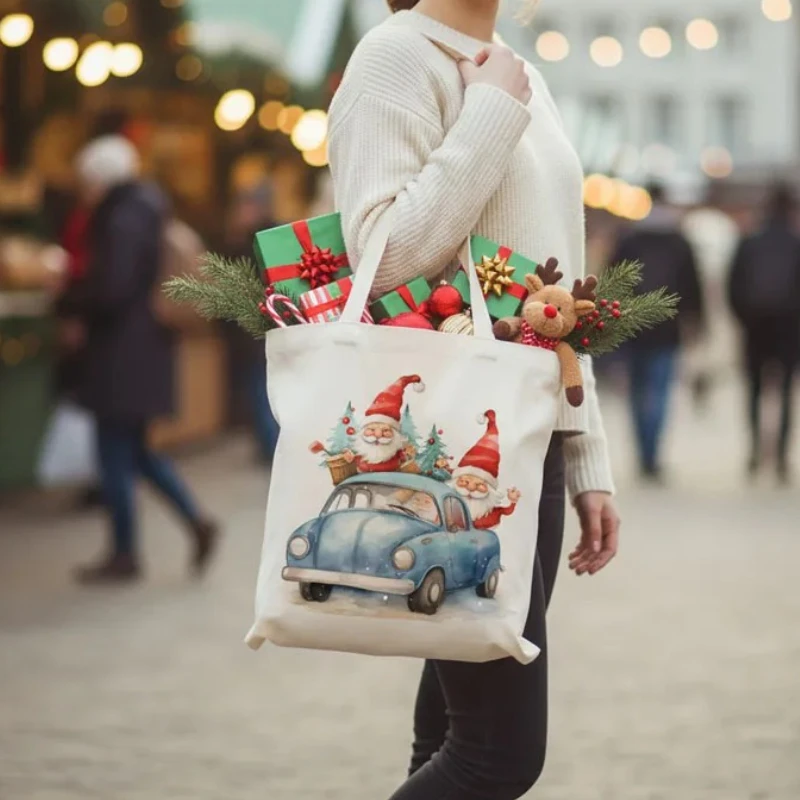 1-5PCS Weihnachten Leinwand Einkaufstasche Frauen Schulter Handtasche Mittagessen Lagerung Tasche Wiederverwendbare Einkaufen Einkaufstasche Große Kapazität veranstalter