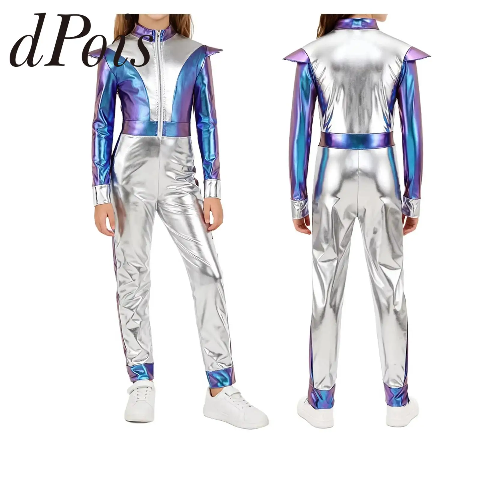 

Kids Metallic Jumpsuit Girls Robot Alien Costume Children Outer Space Cosplay Party Halloween Costume Bodysuit Carnival Outfit