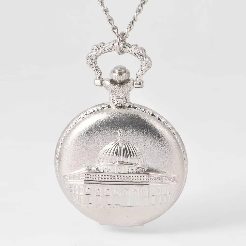 

3007 Fashion luxury Silver fashion Castle Pattern Back Pattern Retro Quartz Pocket Watch Men And Women Necklace