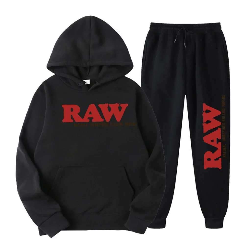 Men\'s Set RAW Hooded Fleece Hoodie Sweatpants Running Men\'s Two Pieces Set Autumn Winter Casual Woolen Sportswear Comfortable