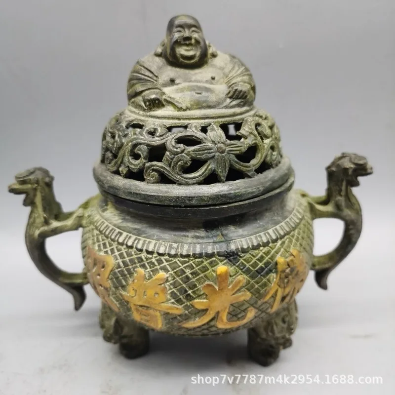 Brass Craftwork Maitreya Buddha Incense Burner with Radiating Light, Home Decorative Ornament