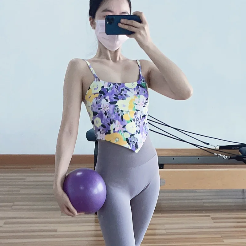 

Women's Korean Style Vest Summer New Chest Pad Vacation Retro Print Backless Small Sling Sports Yoga Fitness Top