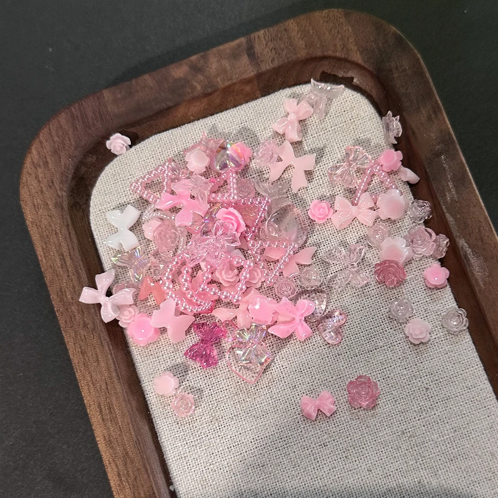 50개 3D 레진 믹스 보우 하트 펄 네일 참 핑크 미니 귀여운 오로라 리본 로즈 문 네일 라인스톤 DIY 네일 아트 데코레이션