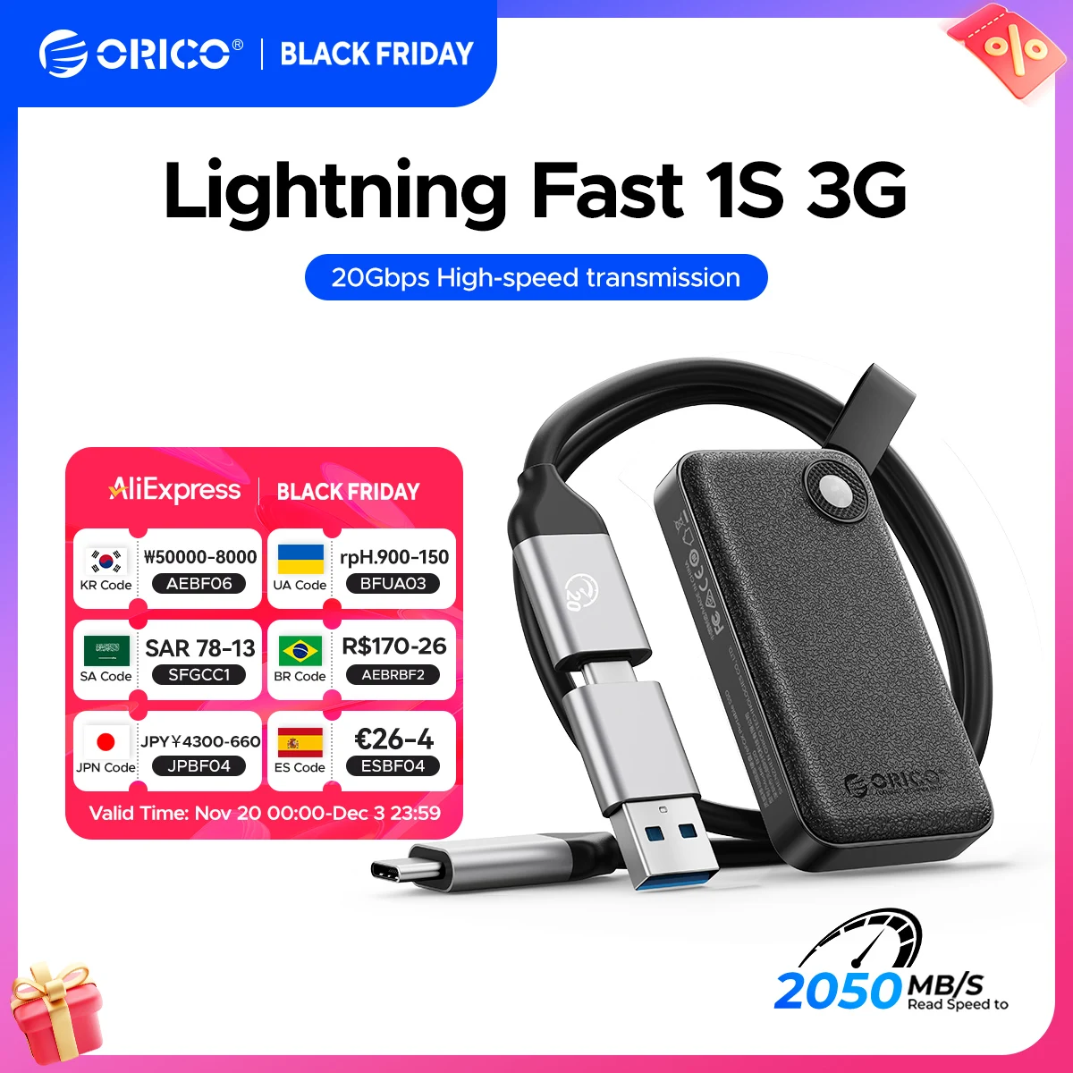 

Портативный твердотельный накопитель ORICO 2 ТБ до 2000 МБ/с USB 3.2 Gen 2x2 Ultra-Mini Compact с кабелем USB C 2 в 1, внешний твердотельный накопитель