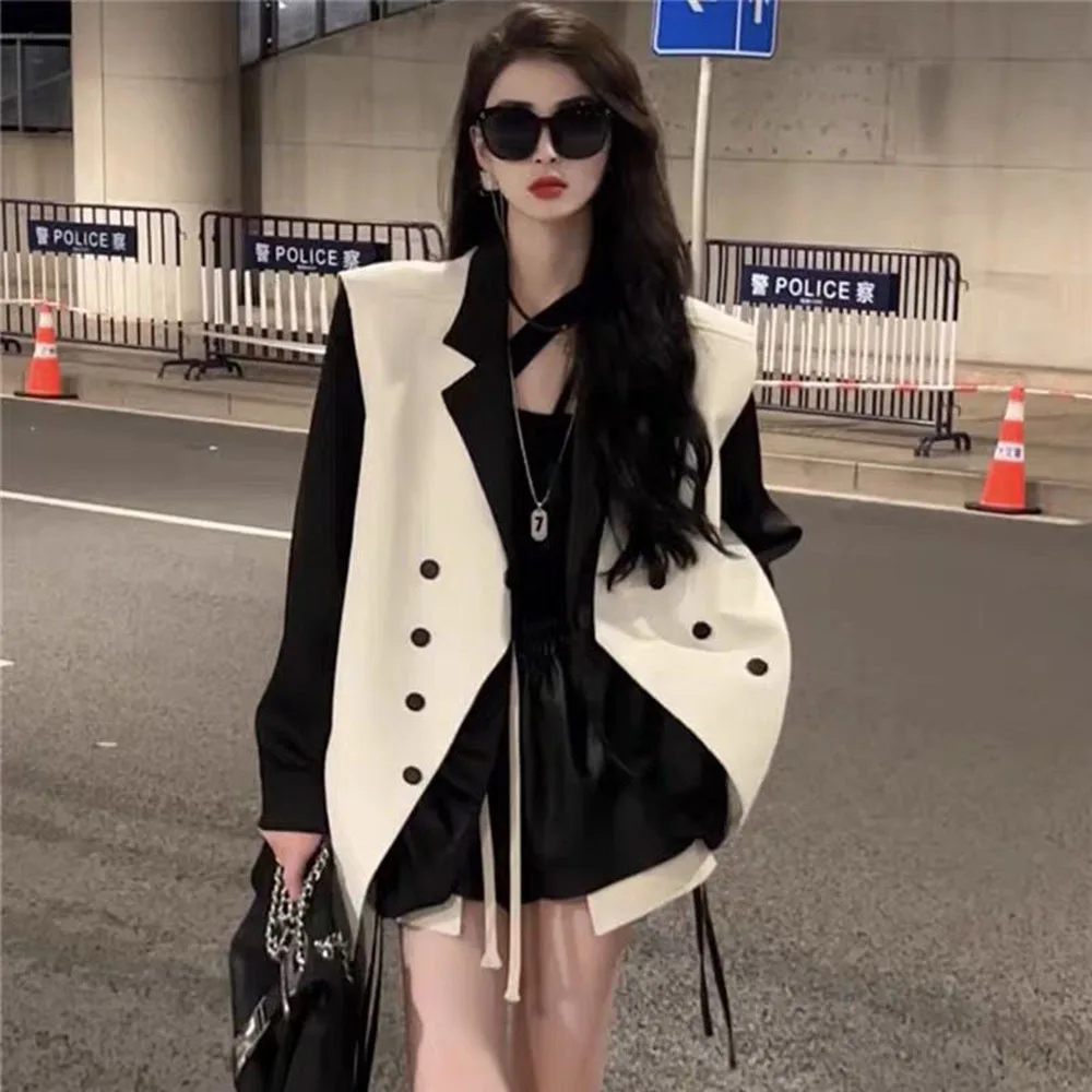 Women Shorts Sets Outfits 2024 Spring Autumn Three Piece Set Vest Jacket +Long Sleeve Shirt + Black Suit Shorts Women's 3pc Suit