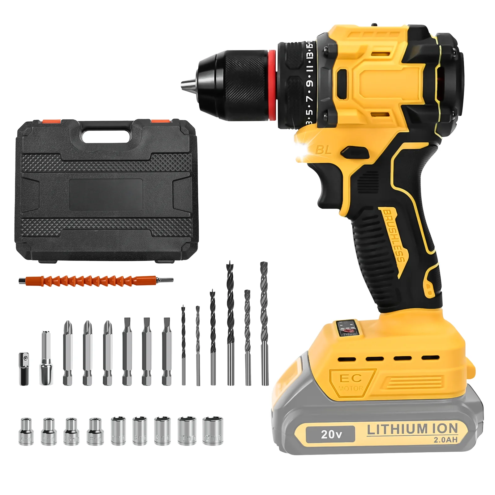 

Brushless Electric Drill Set 60Nm Cordless Screwdriver Drill 10mm Chuck 25+1 Torque Setting for Dewalt 20V Battery (No Battery)