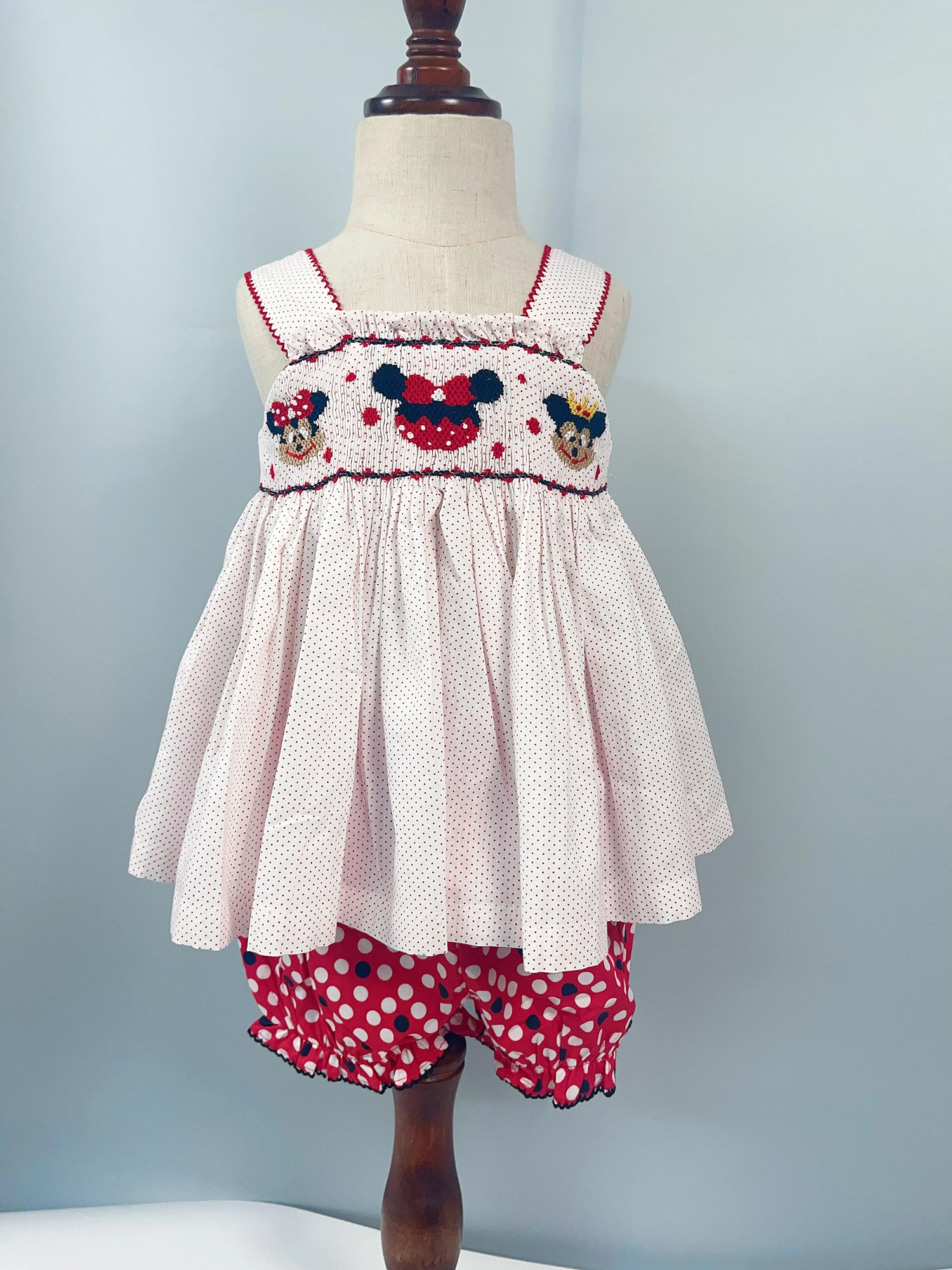 Summer Girls Handmade Smocking Cute Cartoon Mouse Head Clothing Cotton Polka Dot Fabric Dress Bubble Long Shorts Set Temperament