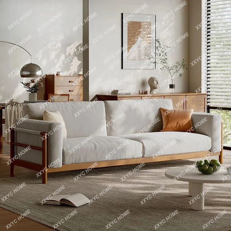 A Modern simple and retro small apartment rental room three-person household straight-row solid wood sofa
