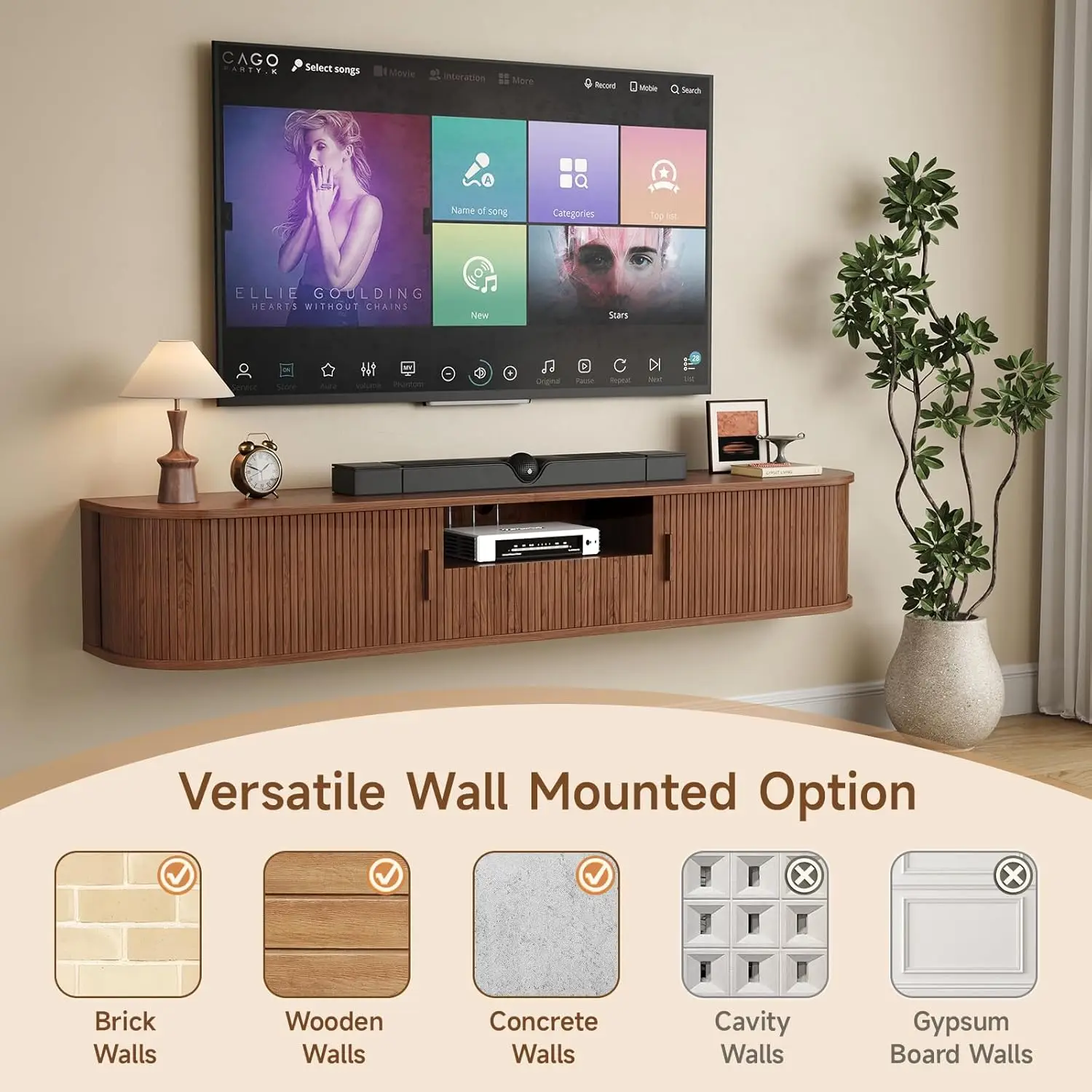70 Inch Smart Floating TV Stand with LED Lights & Power Outlet - App Control Entertainment Center for 80" TVs, Mid-Century Modern Fluted Wood Design Living Room Storage Cabinet,Walnut view 5