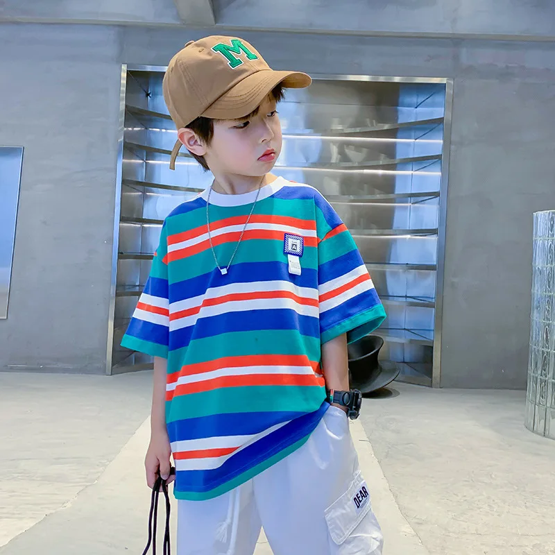 

Fashion Brand Boys' Striped Short SleeveTSummer T-shirt2024New Medium and Large Children's Half Sleeve Handsome Children's Top