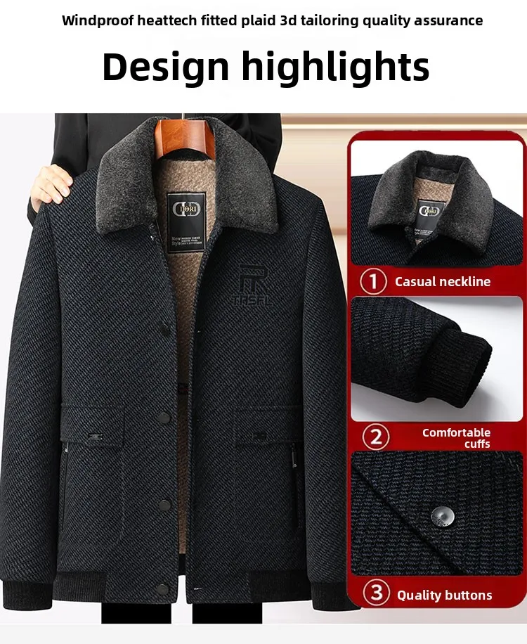 

Middle aged men's woolen coat dad winter jacket fleece thickened casual cotton-padded jacket middle aged elderly people jacket