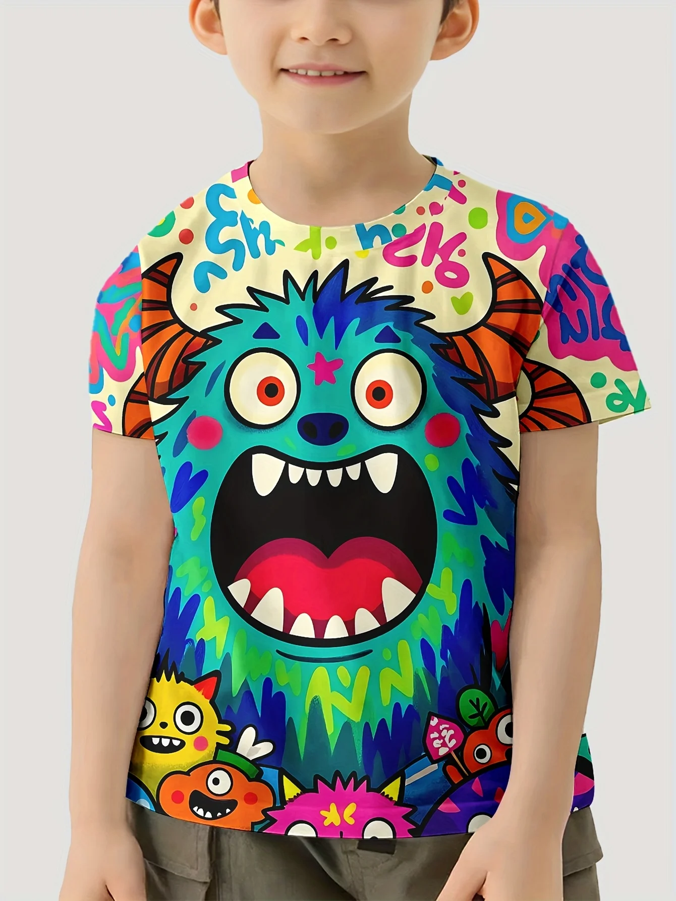 Kids Boys Cute Monster Graphic Tshirt, Bright Multicolored Cartoon Creature Print Short Sleeve Tops
