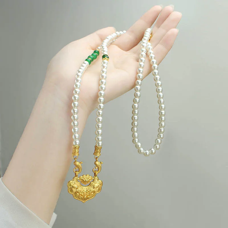 DIY accessories Retro new Chinese style Ping An Ruyi lock imitation pearl beaded necklace women's niche high-end antique cheongs