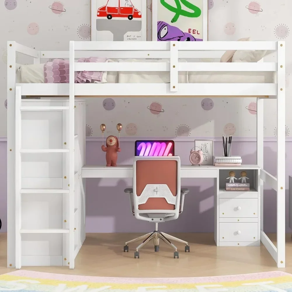 Bunk Beds Full Size Loft Bed with Wardrobe and Desk, Wood Loft Bed Frame with Storage Shelves and Drawers Kids Bed