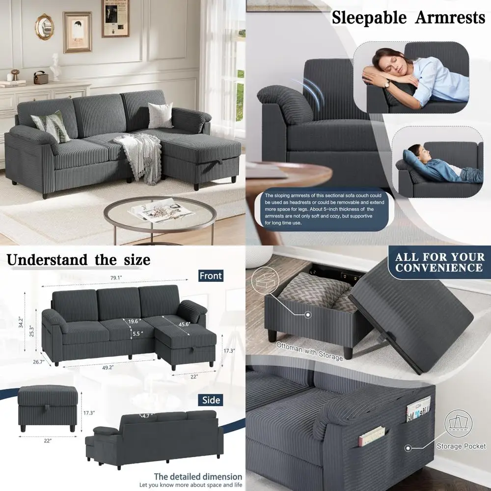 

L-Shaped Sectional Sofa with Side Storage for Comfortable Living Room Seating, Ideal 3-Seat Couch for Apartments