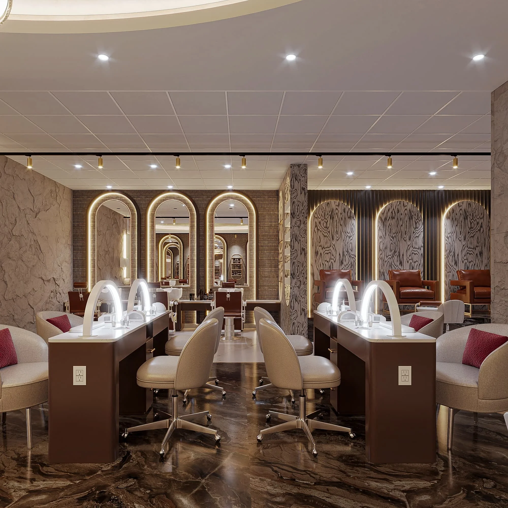 Luxury Modern Barber Shop Hair Salon Counter Table Custom Eco-Friendly LED Lighting Furniture & Layout