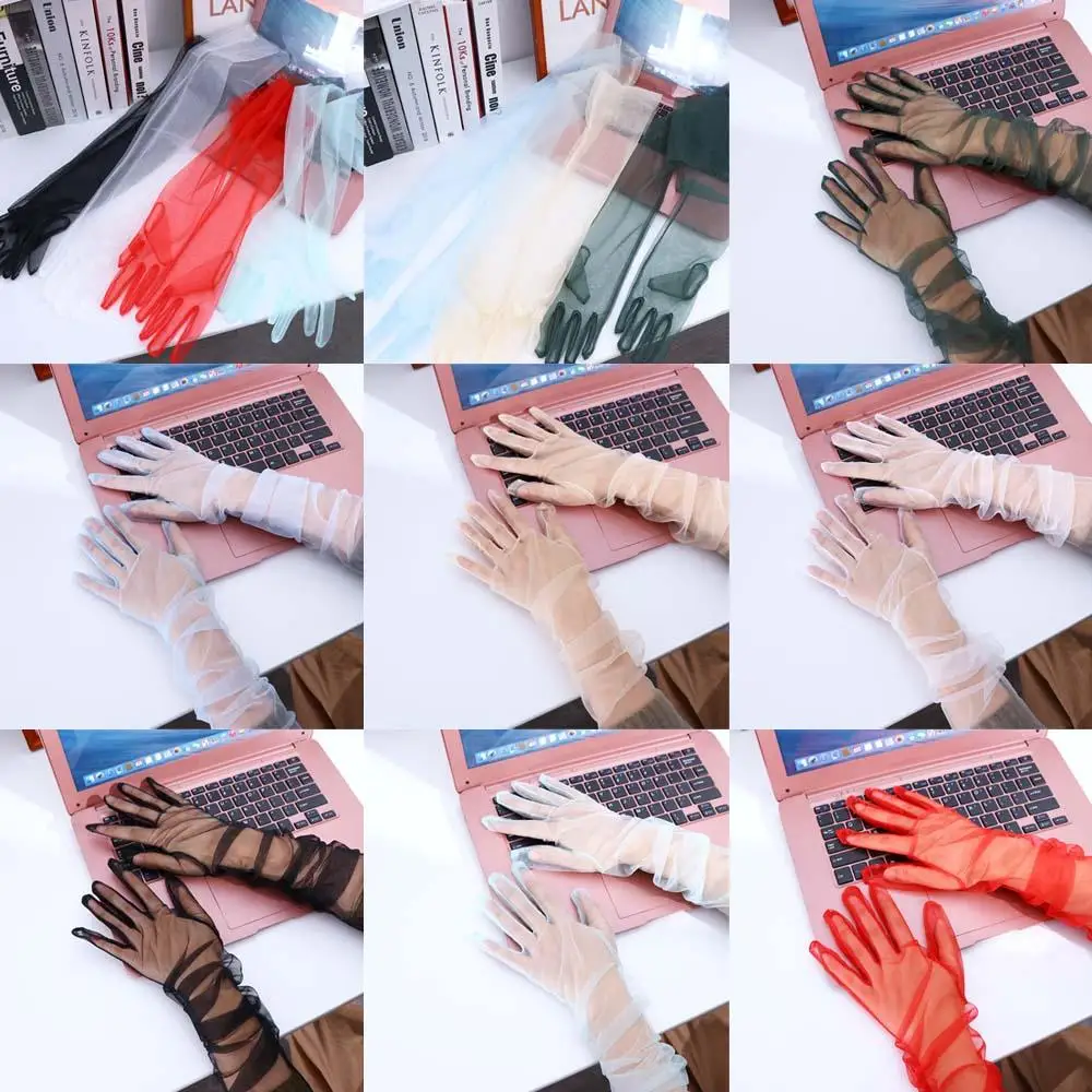 Long Fashion Sheer Tulle Full Finger Elbow Thin Gloves Women Gloves Five Fingers Mitts Lace Mitten