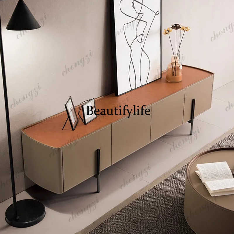 YL Designer TV cabinet coffee table combination Italian minimalist saddle leather audio-visual cabinet living room floor cabinet