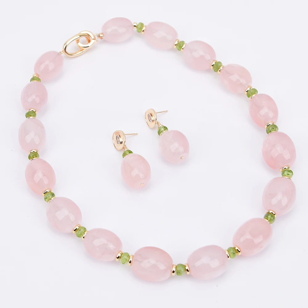 G-G Natural Pink Rose Quartz Smooth Nugget Green Olivine Gems Necklace Earrings Sets