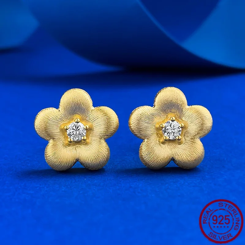 

New S925 silver new Chinese style China-Chic style Gufa brushed dot diamond small gold flower earrings earrings wedding jewelry