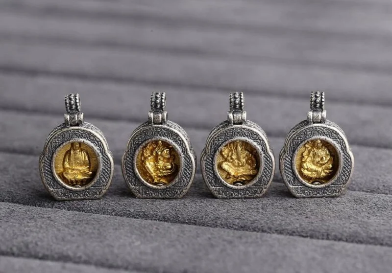 100% 925 Silver Gold Plated Buddhist Prayer Box Small Pendant Tibetan Jambhala Tara Ganesh Ksitigarbha Buddha Amulet Charm