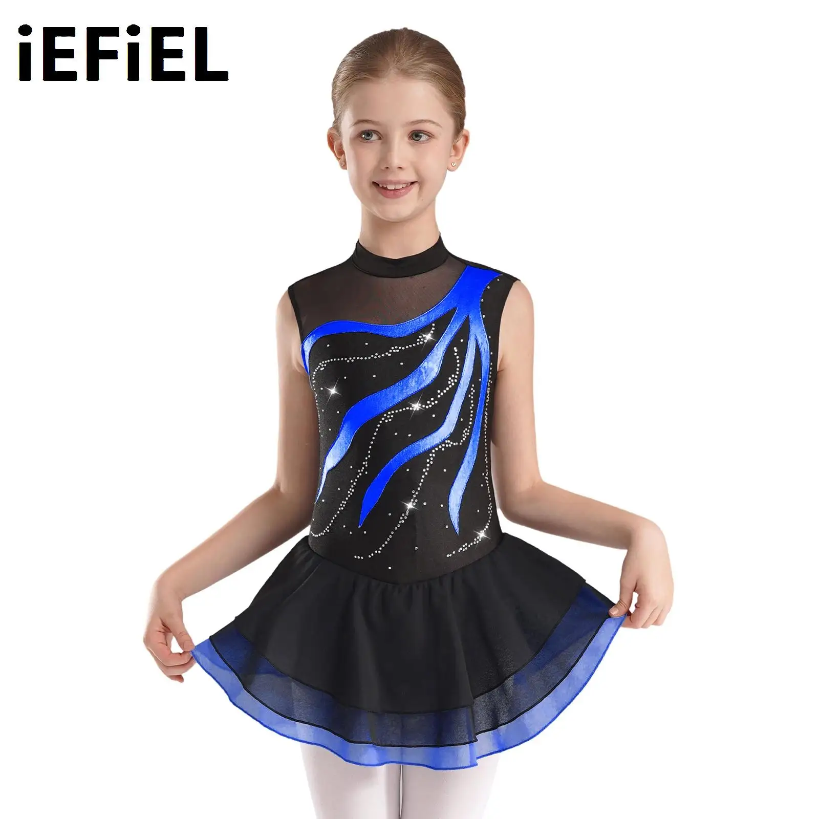 

Kids Girls Figure Skating Dress Shiny Rhinestones Contrast Color Patchwork Keyhole Back Sleeveless Ballet Dress